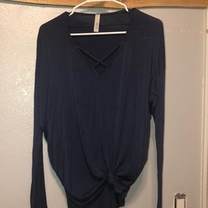 Blue long sleeved crossed neck top